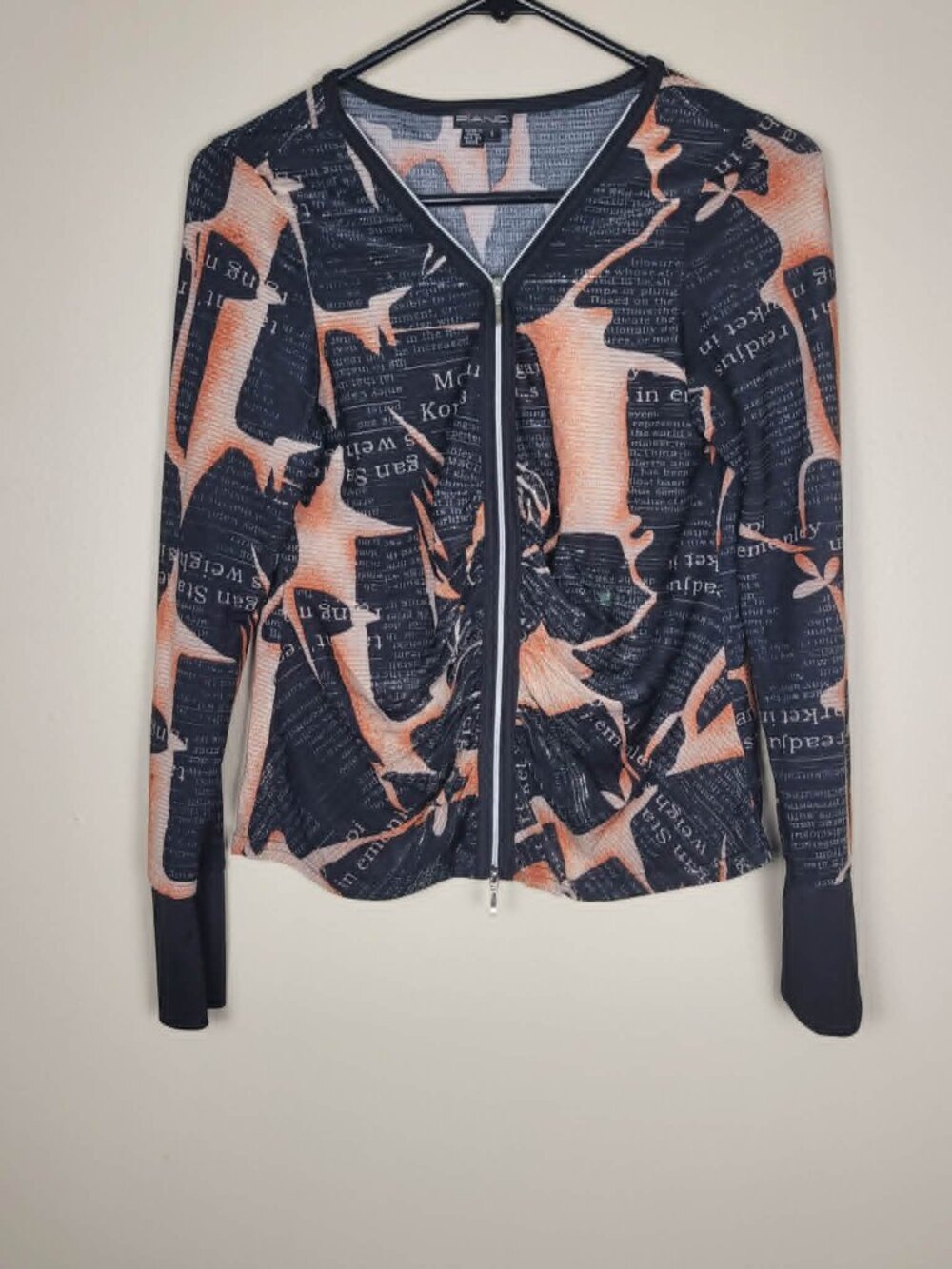 Piano Brand Abstract Zip up Jacket, cardigan. Lightweight Silver sparkle. Sz L.